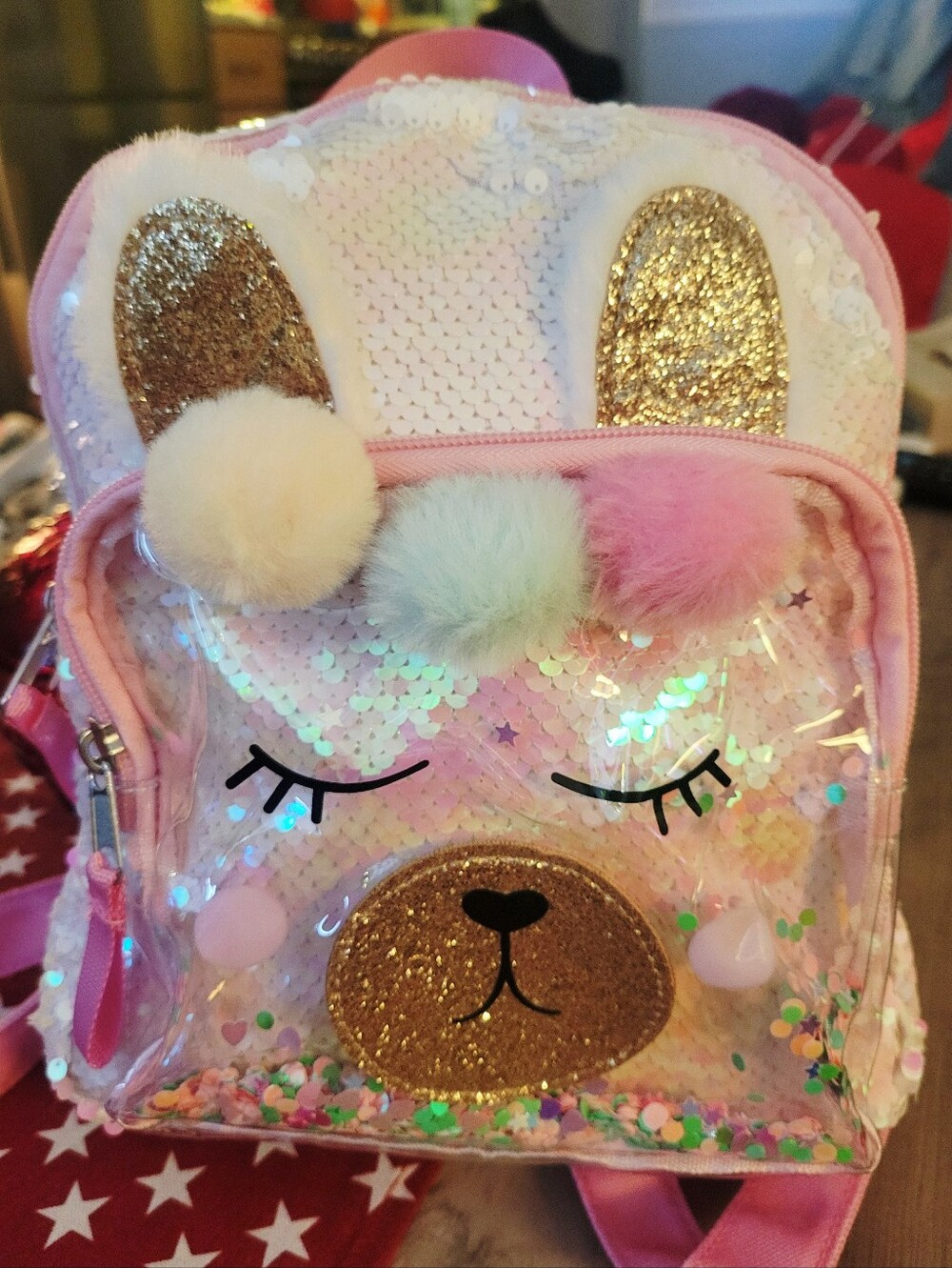 Cat And Jack Pink Sequin Llama Backpack with Pom Poms